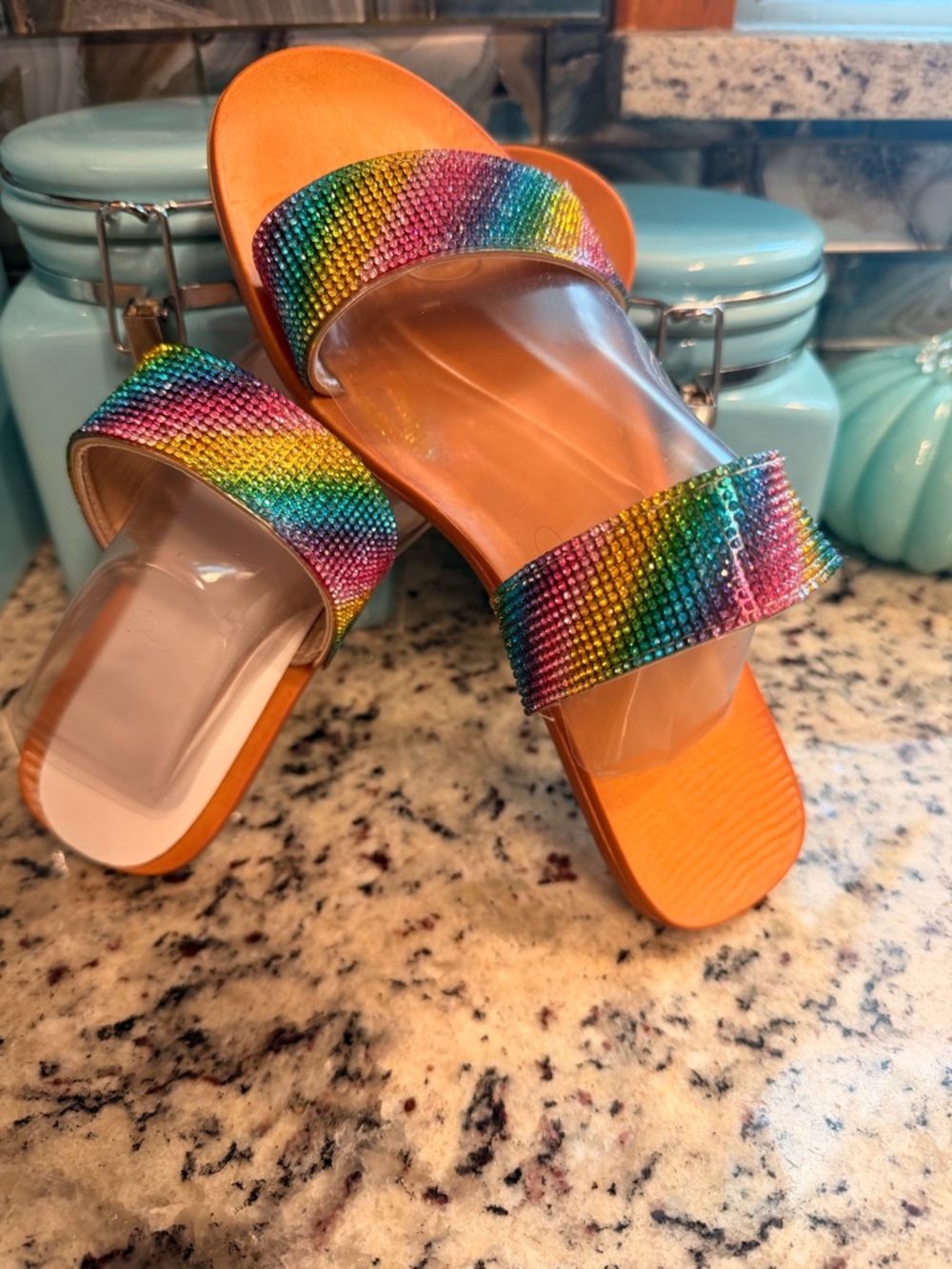 Rainbow Rhinestone Bamboo Slide Sandals - Women